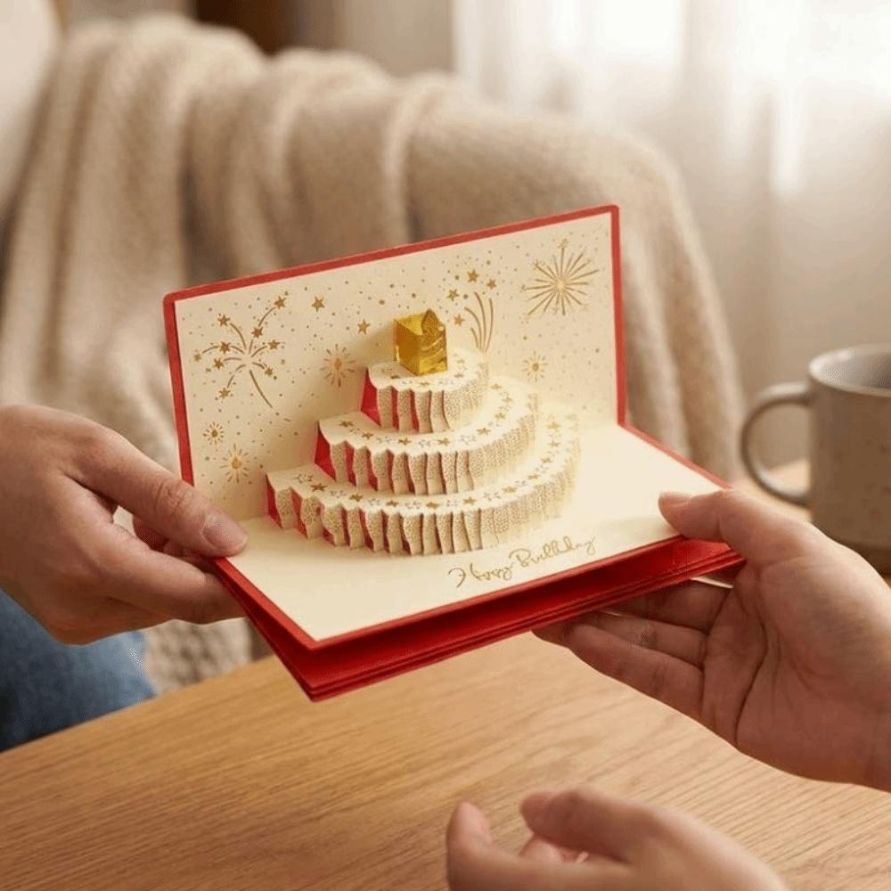 Folding 3D Pop-Up Cake Greeting Card Illuminated Musical Light Gift Card Blessing Message