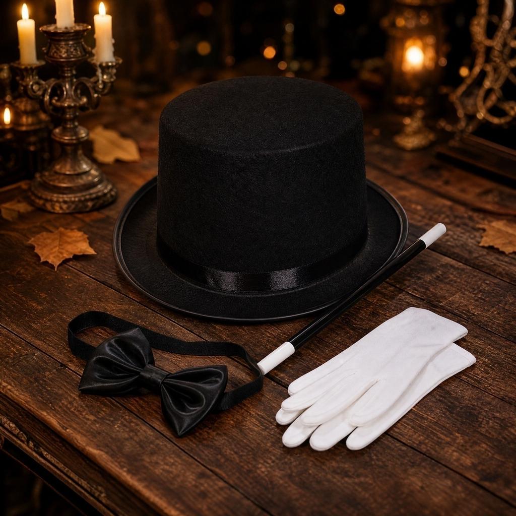 Halloween Magician Hat Tie Gloves Costume Accessory Set 530