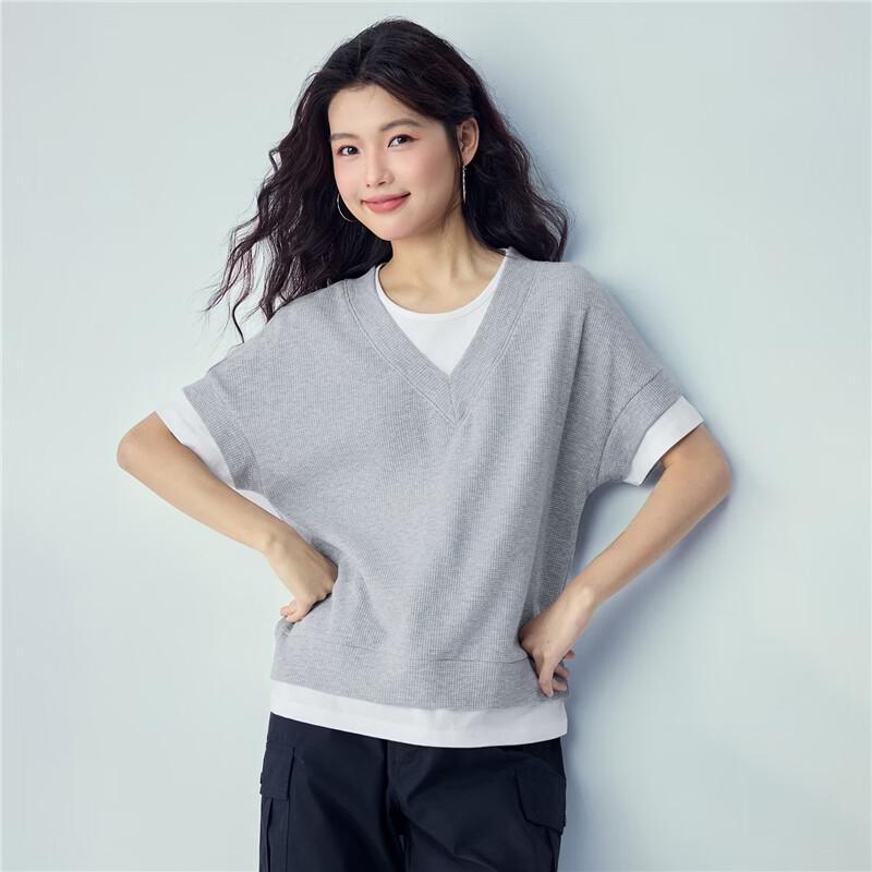 GIORDANO Женская вафельная футболка с цветовыми блоками, короткий рукав