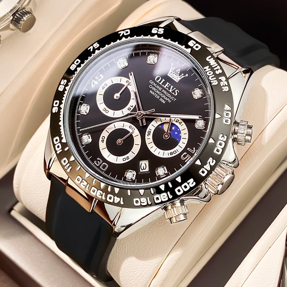 OLEVS Watches for Men Chronograph Analog Quartz Watch Moon Phase Silicone Diamond Waterproof Luminous Quartz Wrist Watches