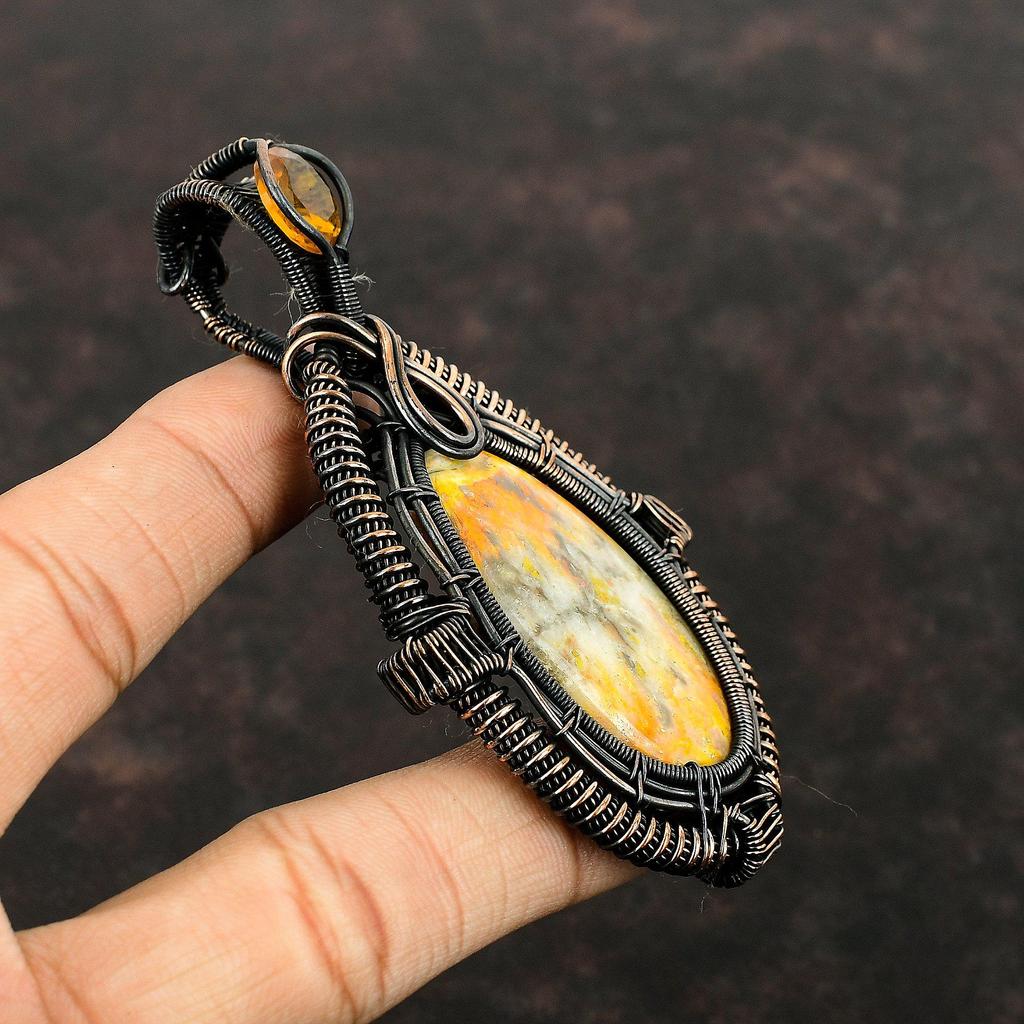 Подвеска из яшмы в виде шмеля, медная проволока, кулон, ювелирные изделия из натурального драгоценного камня, кулон с цитрином, кулон ручной работы, медный ювелирный подарок для нее