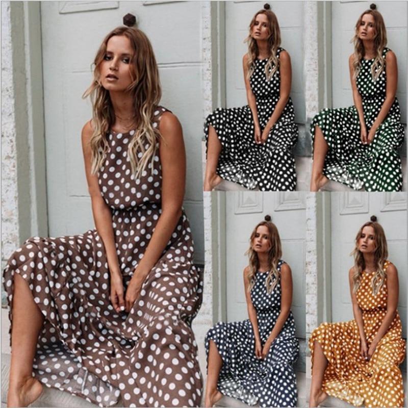 Summer Sexy O Neck Sleeveless Boho Polka Dot Print Maxi Dress New Casual Ladies Party Long Dress