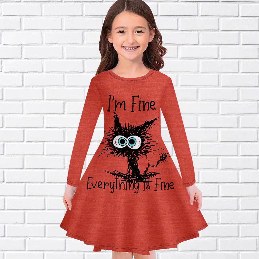 Повседневное платье для девочек с принтом «Глупый кот» и круглым вырезом, длинными рукавами, детское платье принцессы