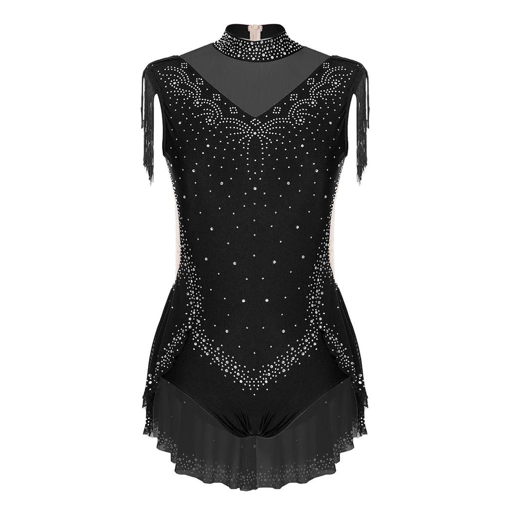 Девочки Блестящие Стразы Танцевальный Купальник Воротник-стойка Без рукавов Невидимая Молния Сзади Прозрачная Сетка Юбка Боди