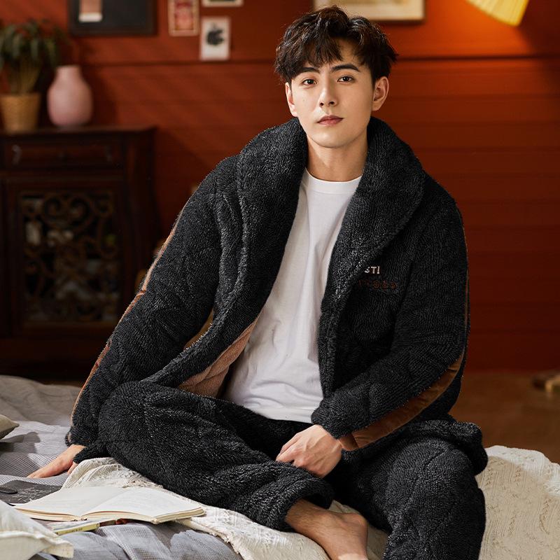 Men's Winter Hooded Quilted Pajama Set: Thick, Plush, Large Size Flannel Jacket