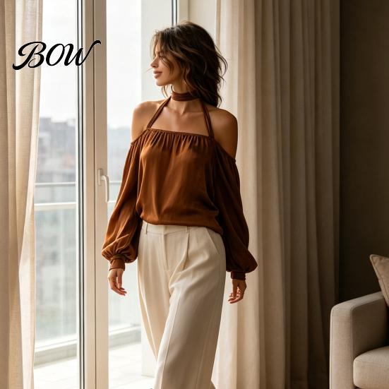 Breathable Women Shirts Summer Off-Shoulder Shirt, Long Sleeve Casual Halter Top, Shirt Solid Color Loose Satin Blouse for Daily Office