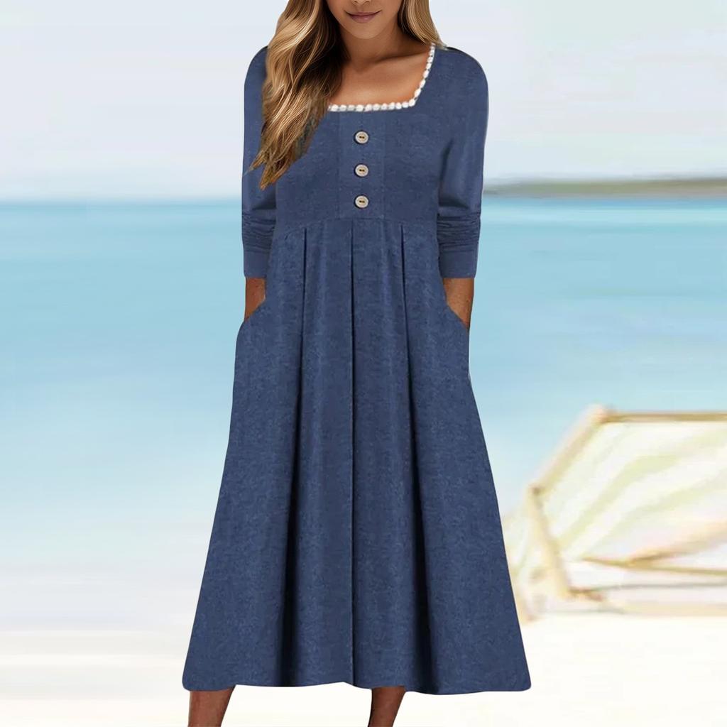 Женские повседневные модные длинные платья с квадратным воротником и длинным рукавом, кружевные, однотонные, винтажные, с карманом, осень и зима