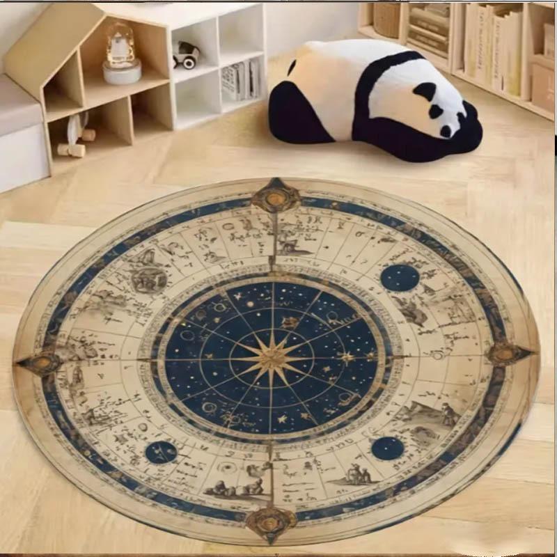 Crystal Velvet Compass Print Round Rug – Washable Non-Slip Mat for Bedroom, Kitchen, Living Room, Bathroom Decor
