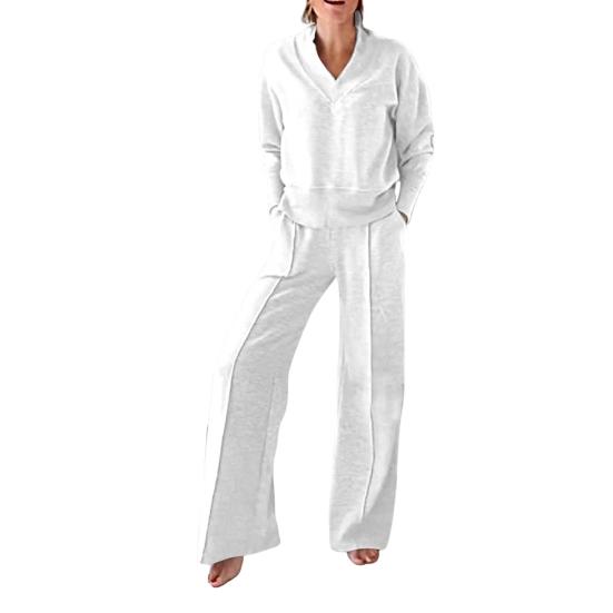 2 шт./комплект женский топ брюки комплект V-образный вырез длинные рукава свободная толстовка эластичный пояс широкие спортивные штаны спортивный наряд осенний повседневный спортивный костюм