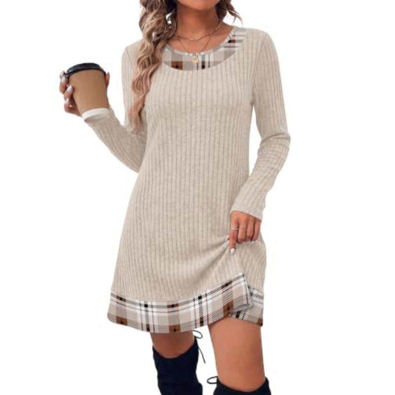 Autumn and winter new knitted sweater skirt elegant temperament casual plaid splicing dress women's clothing