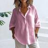 Women Shirt Lapel V-neck 45720 Sleeve Pullover Tops Solid Color Loose Fit Lightweight