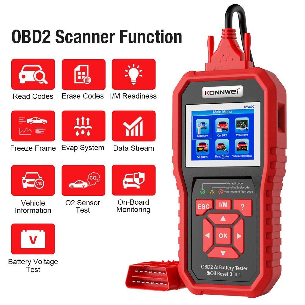 KONNWEI KW890 Тестер сброса масла для аккумулятора OBD2 Диагностический сканер Инструмент 3 в 1 EOBD Инструмент для проверки кода двигателя диагностический инструмент