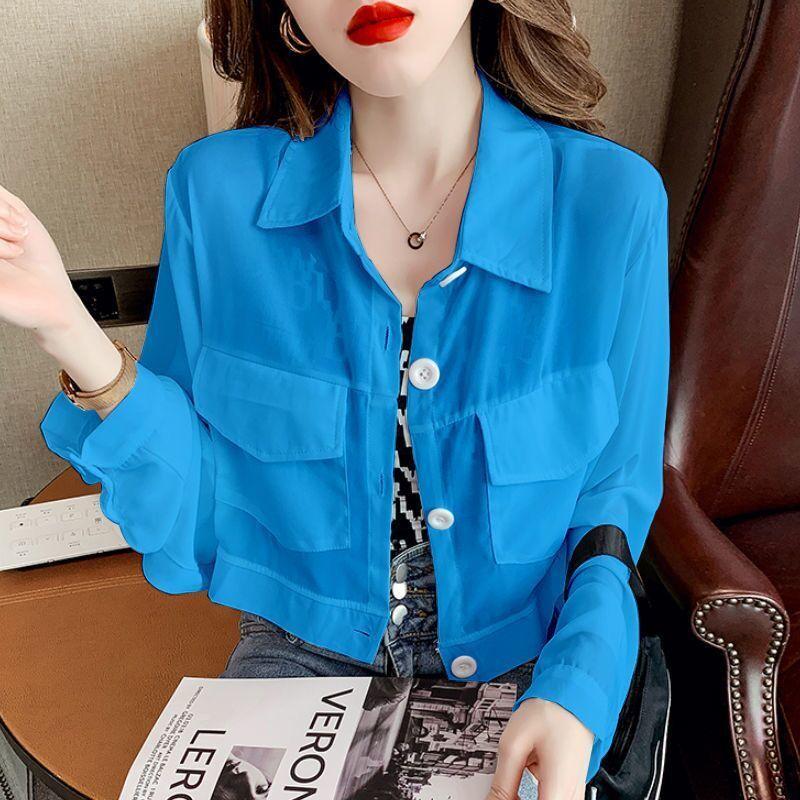 Уличная мода Карманы Блузка Лето Новая Однотонная Все-сочетаемая Отложной воротник Повседневная Корейская Однобортная Прямая Рубашка
