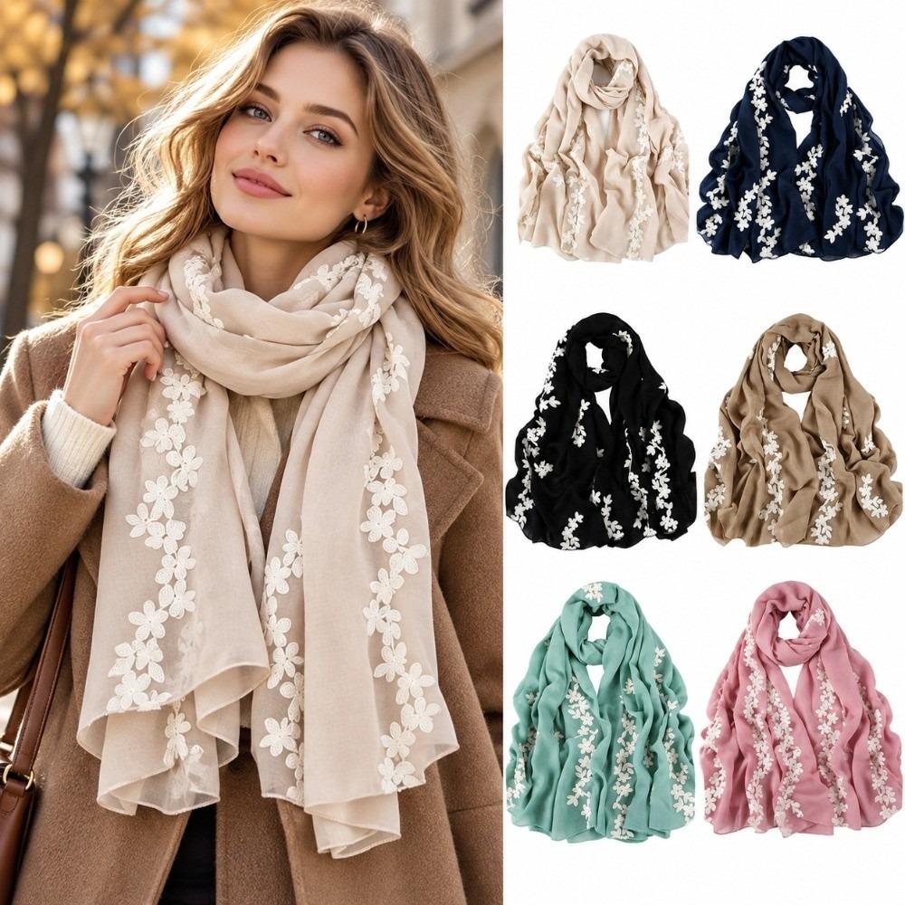 Large Floral Embroidery Scarf Flower Embroidered Long Scarf Wrap Women Scarf Wrap Daily Outfit