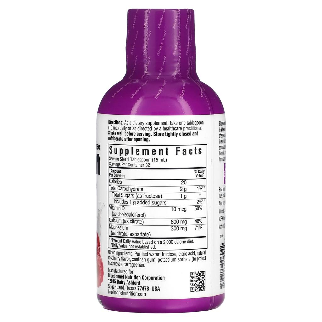 Liquid Calcium, Magnesium Citrate Plus Vitamin D3, Natural Raspberry Flavor, 472 Ml (16 Fl Oz)