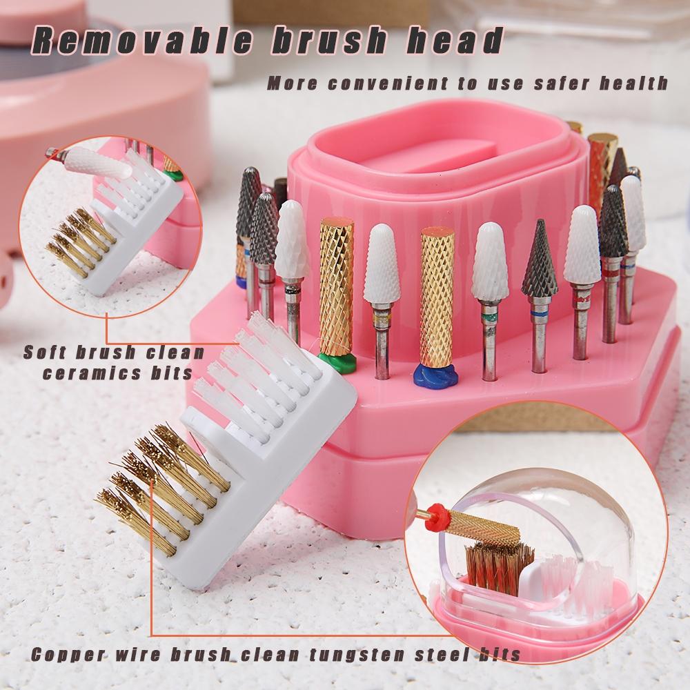 2 в 1 Коробка для хранения насадок для маникюра, 24 отверстия, с щеточкой для очистки, контейнер для хранения маникюрных инструментов, органайзер для салонных принадлежностей