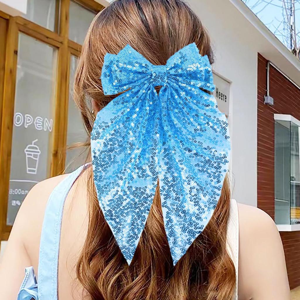 Fashionable Sequined Bow Spring Clip Mesh Ribbon Hair Clip Elegant Christmas and New Year Party Hair Accessory