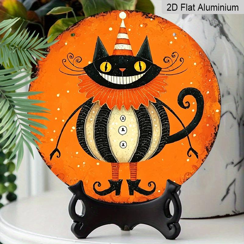 2D Flat 1pc/2pcs, Decorative Plaques and Ornaments Sign, Round Aluminum Vintage Halloween Clown Black Cat Hanging Sign, Retro Orange Swirl Wall