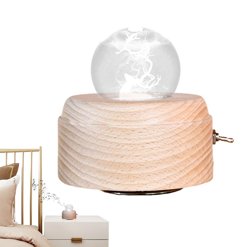 Rotating Musical Box Multifunctional USB Charging Musical Box Crystal Night Light Unique Wooden Bedside Lamp Rotating Wooden