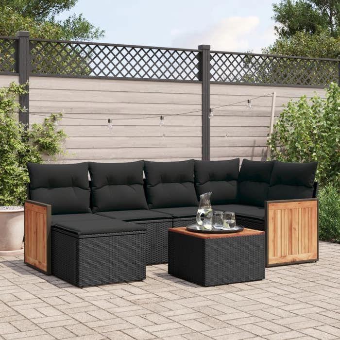 VidaXL Salon de Jardin avec Coussins 7 pcs, Canapés de Terrasse, Ensemble de Meubles de Patio, Mobilier d'Extérieur, Noir 3227861