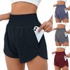 Women Wide Leg Sport Shorts Elastic High Waist Pockets Running Shorts Solid Color Fake Two