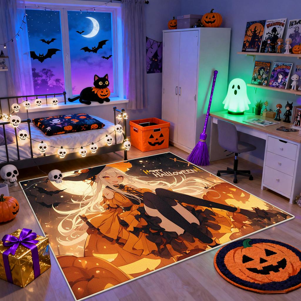 Halloween Anime Style Bedroom Bedside Carpet Pumpkin Cute Decoration Living Room Rug Girl's Room Fluffy Washable Floor Mat Soft