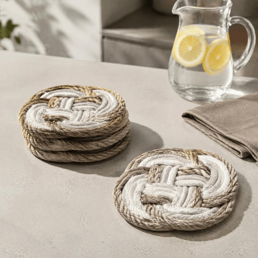4pcs Braided Design Woven Drink Coasters Round Shape Cotton Coasters  For Daily Household Use