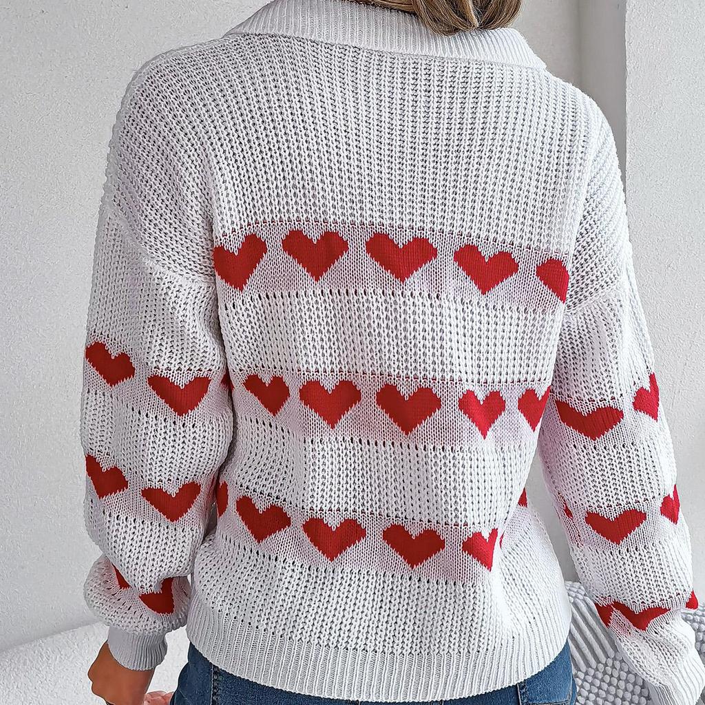 Autumn Winter Vintage Loose Long Sleeve Top Heart Print Cardigan Knitwear V-Neck Sweater
