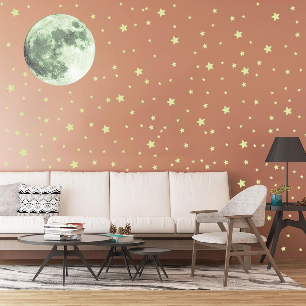 Decoration Kids Bedroom Fluorescent Full Luna Luminous Decals Glow In Dark Moon Stars Wall Stickers