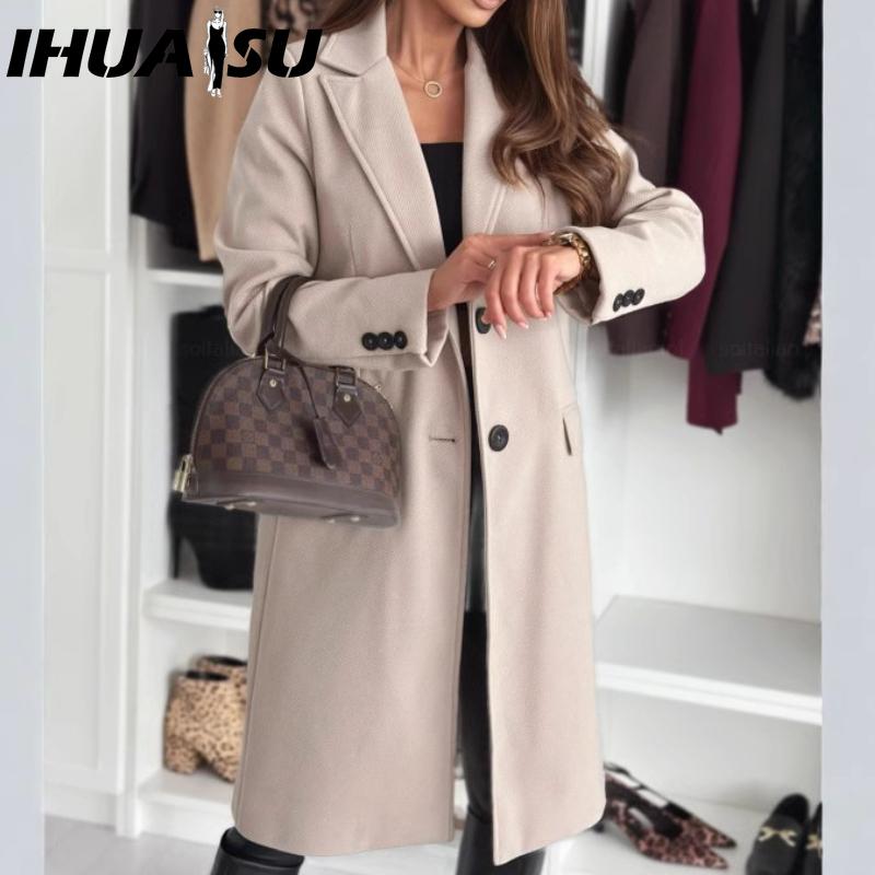 IHUASU Women's Vintage Casual Lattice Print Autumn Winter Long Sleeve POLO Neck Jackets & Coats
