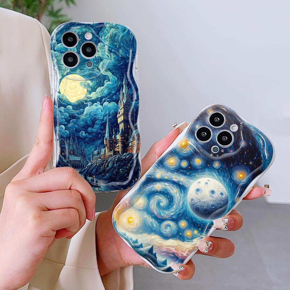 For iPhone 16 15 14 13 12 Pro Max Samsung S24 Ultra S23 S22 Plus Redmi Note 13 Pro Painting Starry Night Sunset Cream Texture Soft Silicone Case