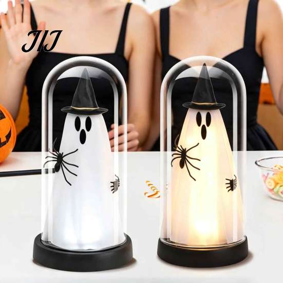 Indoor Holiday Lighting Light Up Ghost in Dome Cloche, Halloween Cute Witch Decorative Home Decor Table Lamp with LED for Kitchen Mantel Tabletop