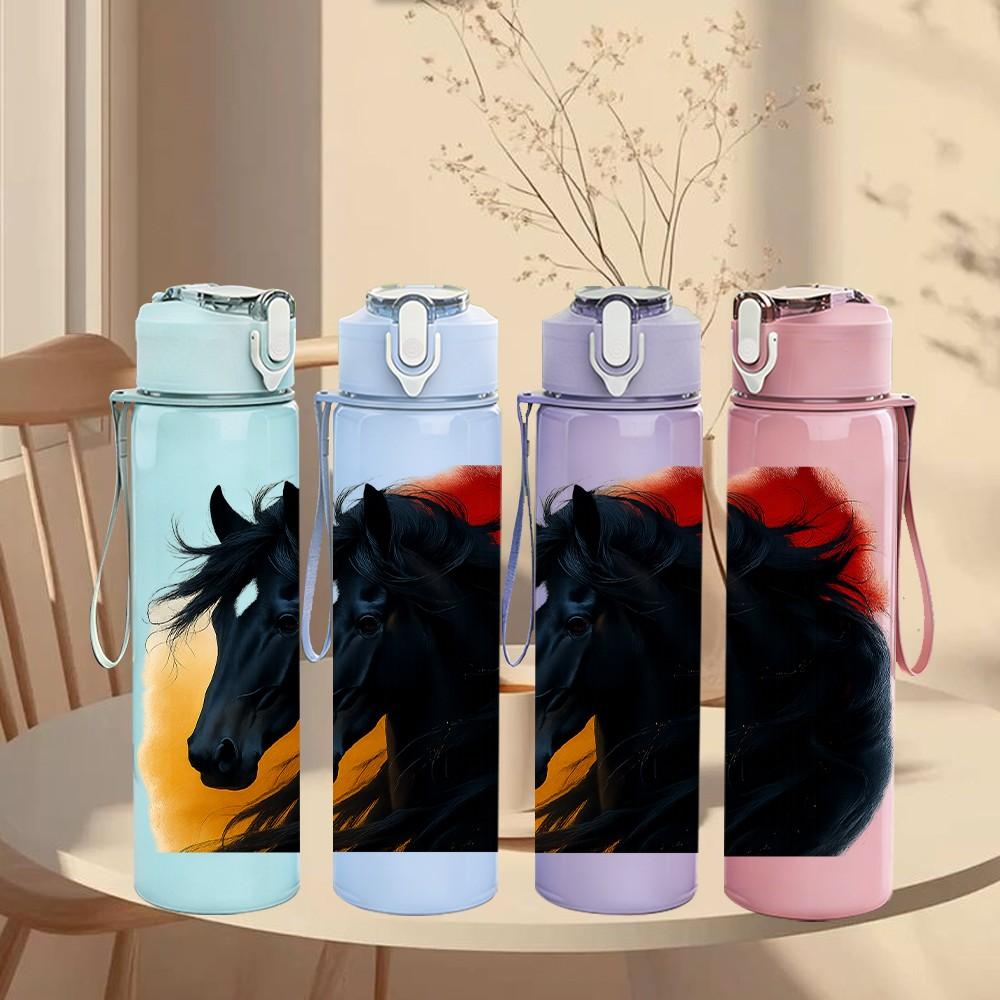 1PC Black Horse Mane Dynamic Portrait Print 750ml Color Plastic Sports Water Bottle Leakproof Flip Straw Lid Suitable for Sports Office Home Use