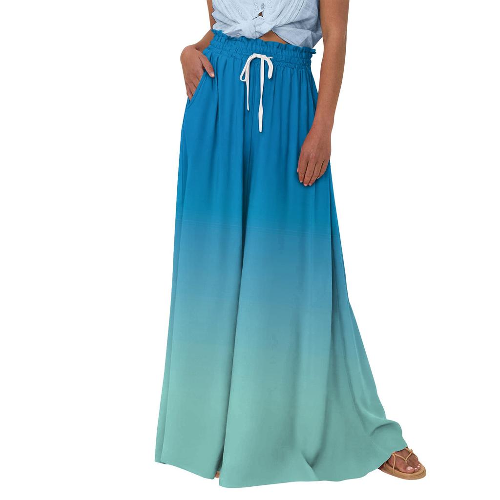 Женские широкие брюки с высокой талией, летние повседневные струящиеся брюки-палаццо, пляжные брюки с принтом и карманом