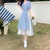 Women's Summer Fake Two Pieces Shirt Dresses Casual Korean Chiffon Mesh Patchwork Dress Elegant Sweet Midi Dresses