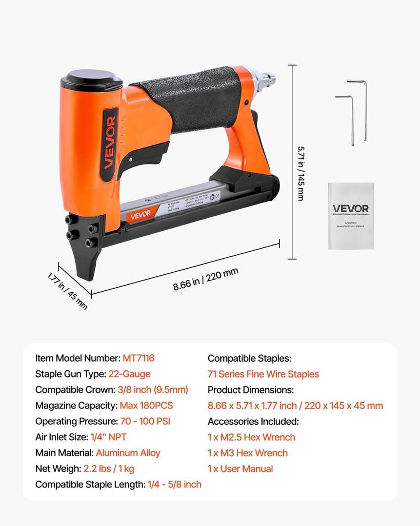 Pneumatic Staple Gun, 22 Gauge Air Upholstery Stapler for 71 Series Fine Wire Staples 9.5mm Crown 6-16mm Length, Max 180PCS Loading Air Staple Gun for