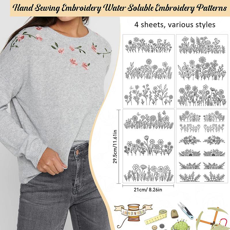 Водорастворимый стабилизатор для вышивки, Приклей и вышей, Вышивальная бумага, Смываемый, Цветочные узоры с ромашками и бабочками