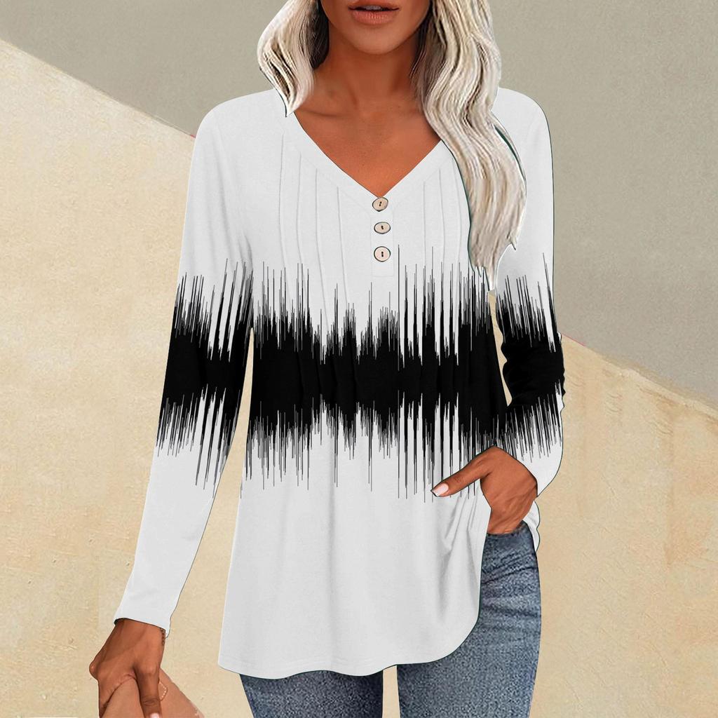 Fashion Tops Casual Pleated V-Neck Line Printed Long Sleeve T-Shirt