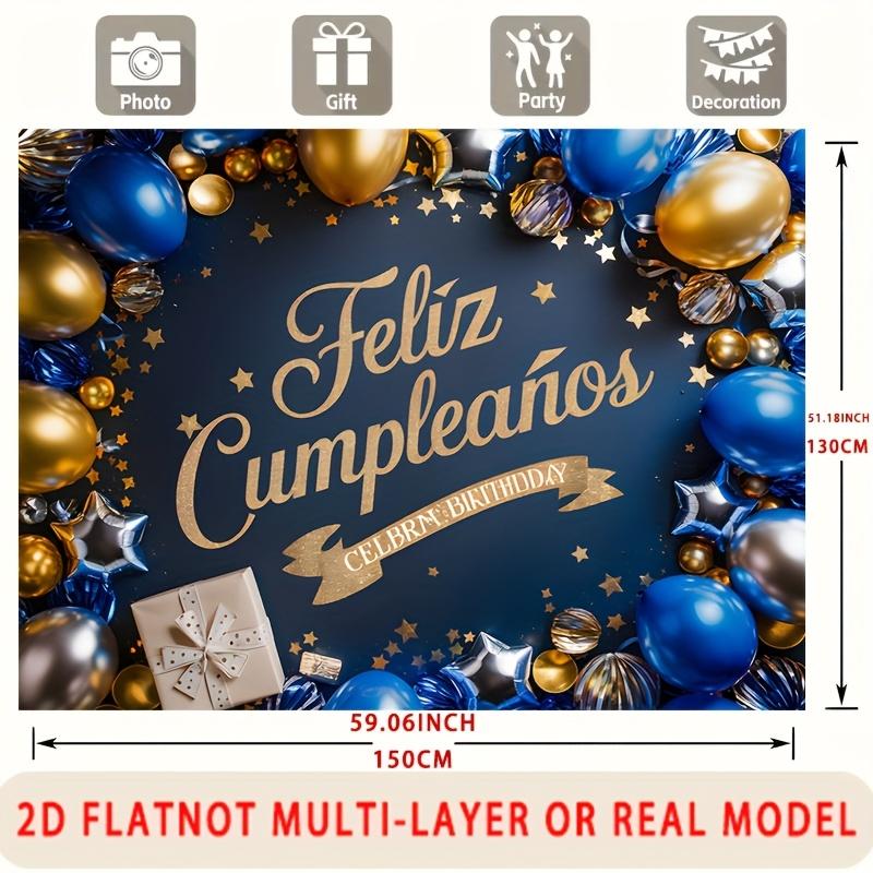 2D flat, 1 piece Spanish Happy Birthday party banner with gold and blue balloons, stars and gift boxes for family,