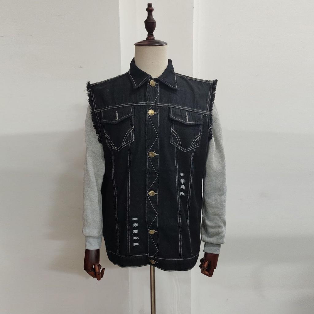 2284 * Retro Motorcycle Print Sleeveless Denim Jacket Denim Vest Men's Motorcycle Casual Style