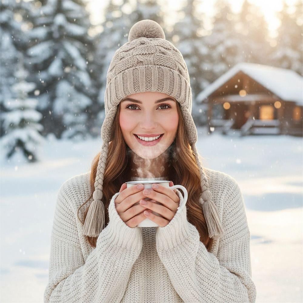 Solid Color Beanie Hat Tassels Ear Protection Cap Fashion Earflap Cap Winter