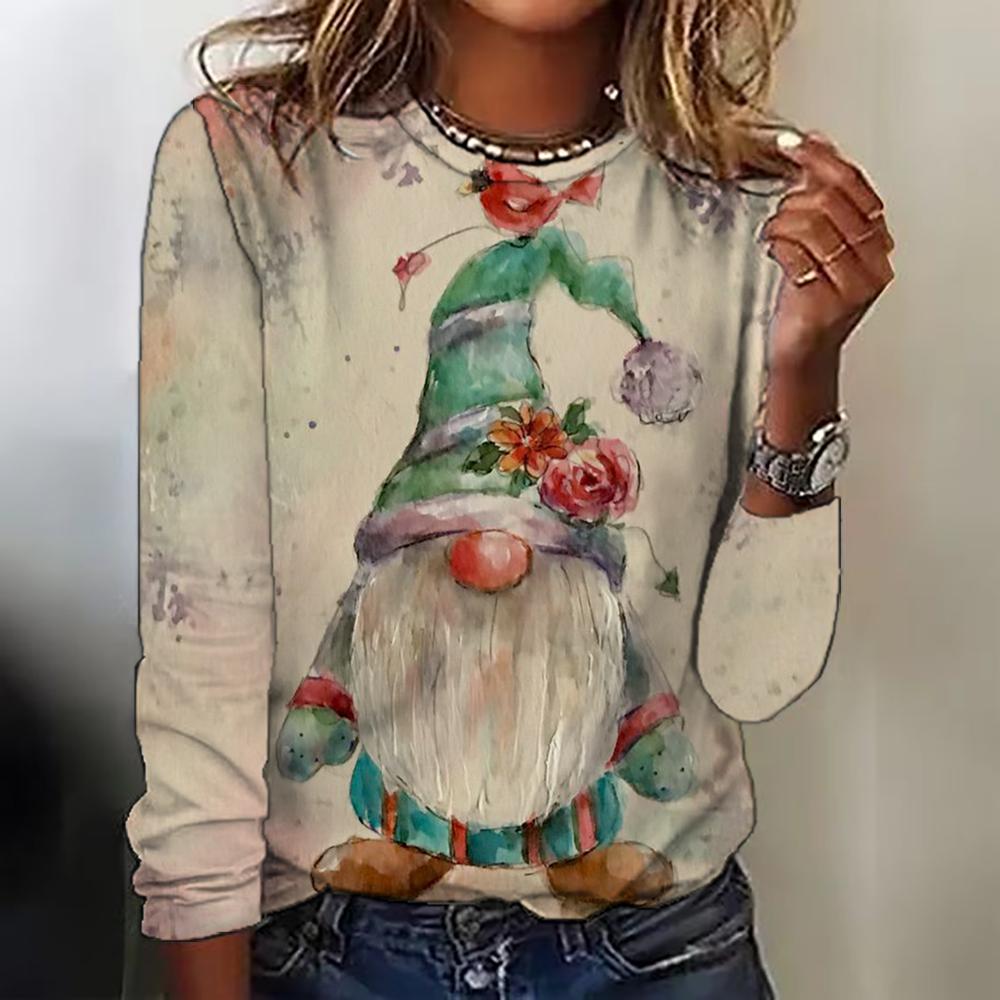 Spring and Autumn Long Sleeved Women's Top Christmas Printed Round Neck T-shirt Casual Cute Style