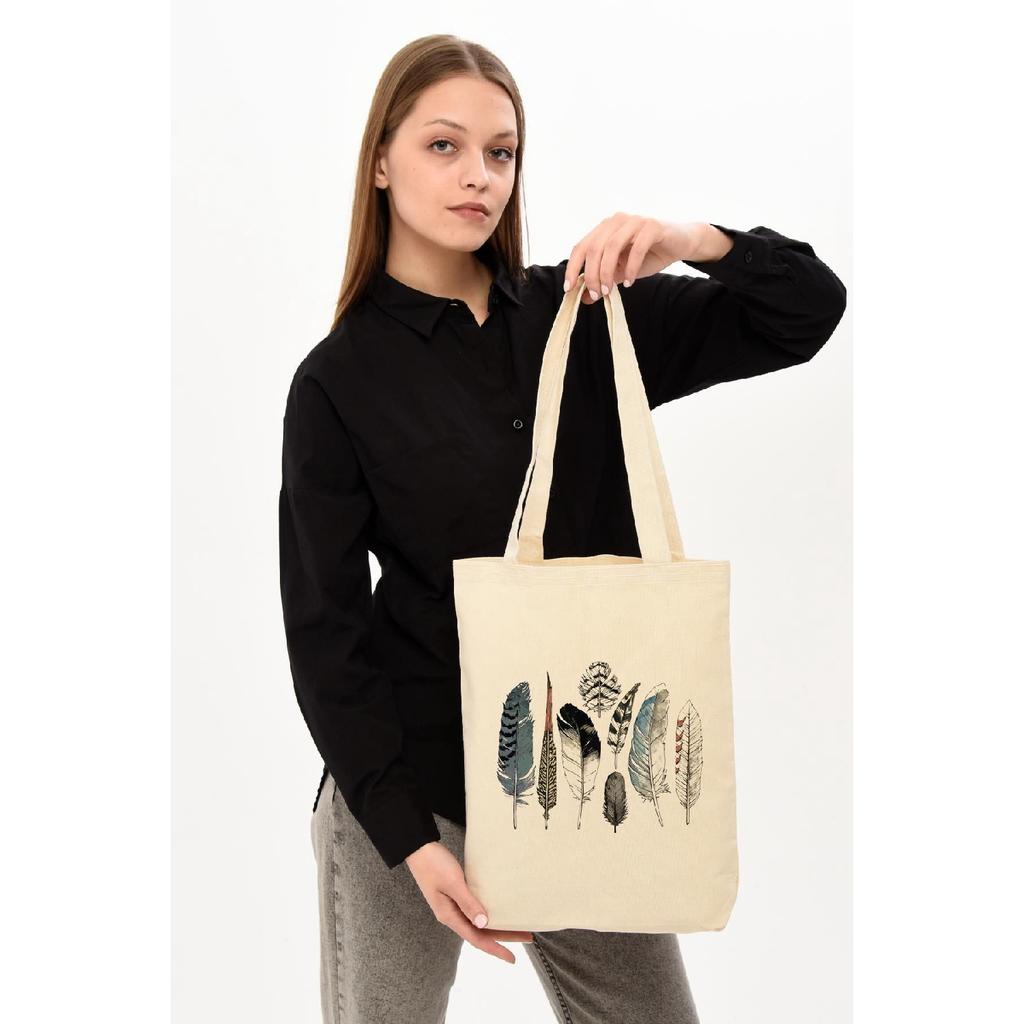 Холщовая тканевая сумка с принтом птичьих перьев
