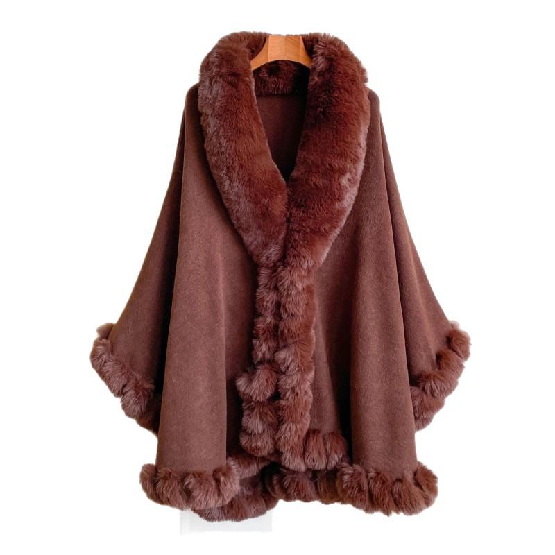 Plus Size Loose Irregular Faux Fur Collar Cape Coat Women Mid-Length Solid Color Warm Outerwear