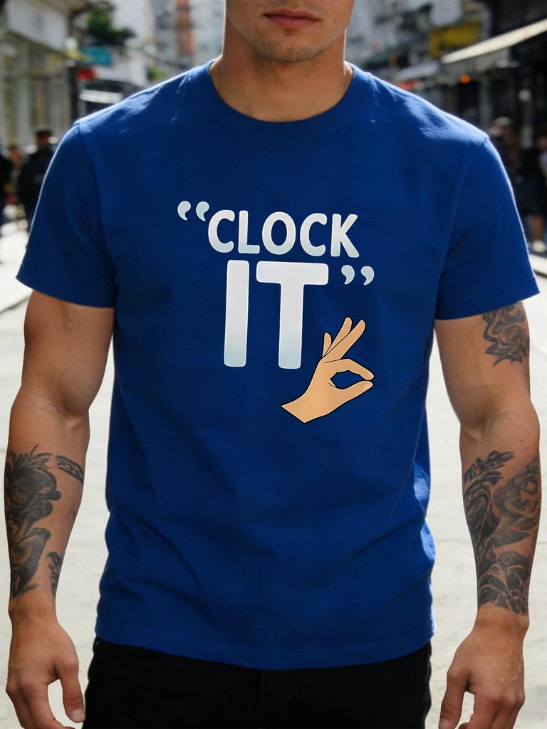 Unisex Navy Tee Clock It Ok Hand Gesture Text Print Short Sleeve Loose Casual Street Basic Top For Young Adult Male Daily Wear Fit