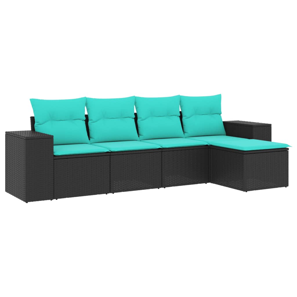5 Piece Garden Sofa Set with Cushions Black Poly Rattan