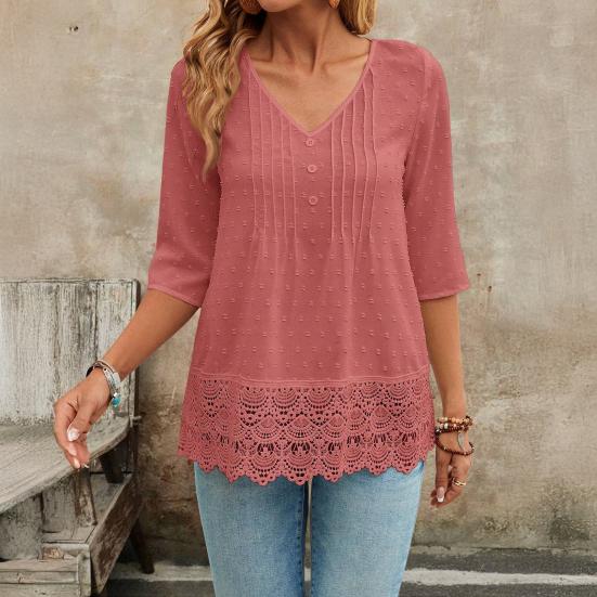 Женская рубашка с V-образным вырезом, рукавом 3/4, повседневная, с кружевной вставкой на подоле, жаккардовым декором, однотонная, дышащая
