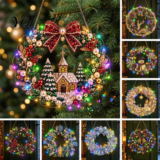 Craft Kits for Adults DIY Acrylic Christmas Faux Pearl Art Hanging Kit, Lighted Wreath 3D Beaded Customizable Holiday Kit with LED String Light,