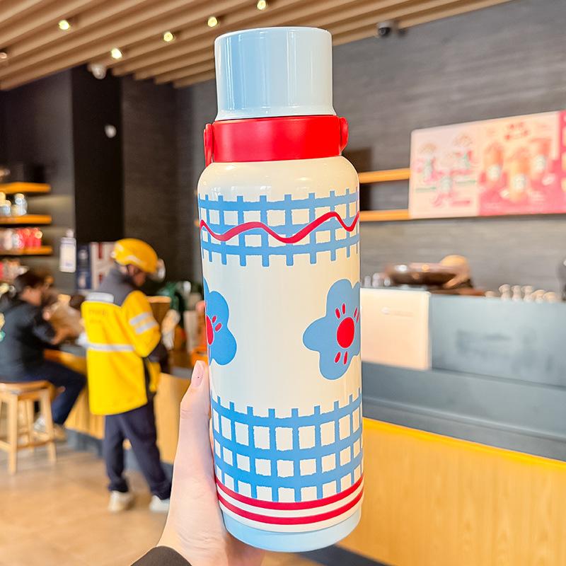 New Ins Stylish Thermos Cup Girls Stainless Water Cup Big Cap Cartoon Portable Portable Portable Cup Durable Durable