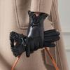 Sheepskin Gloves Women's Lace Bow New Velvet Lining Spring Classic Black Driving Gloves Genuine Leather Autumn Winter